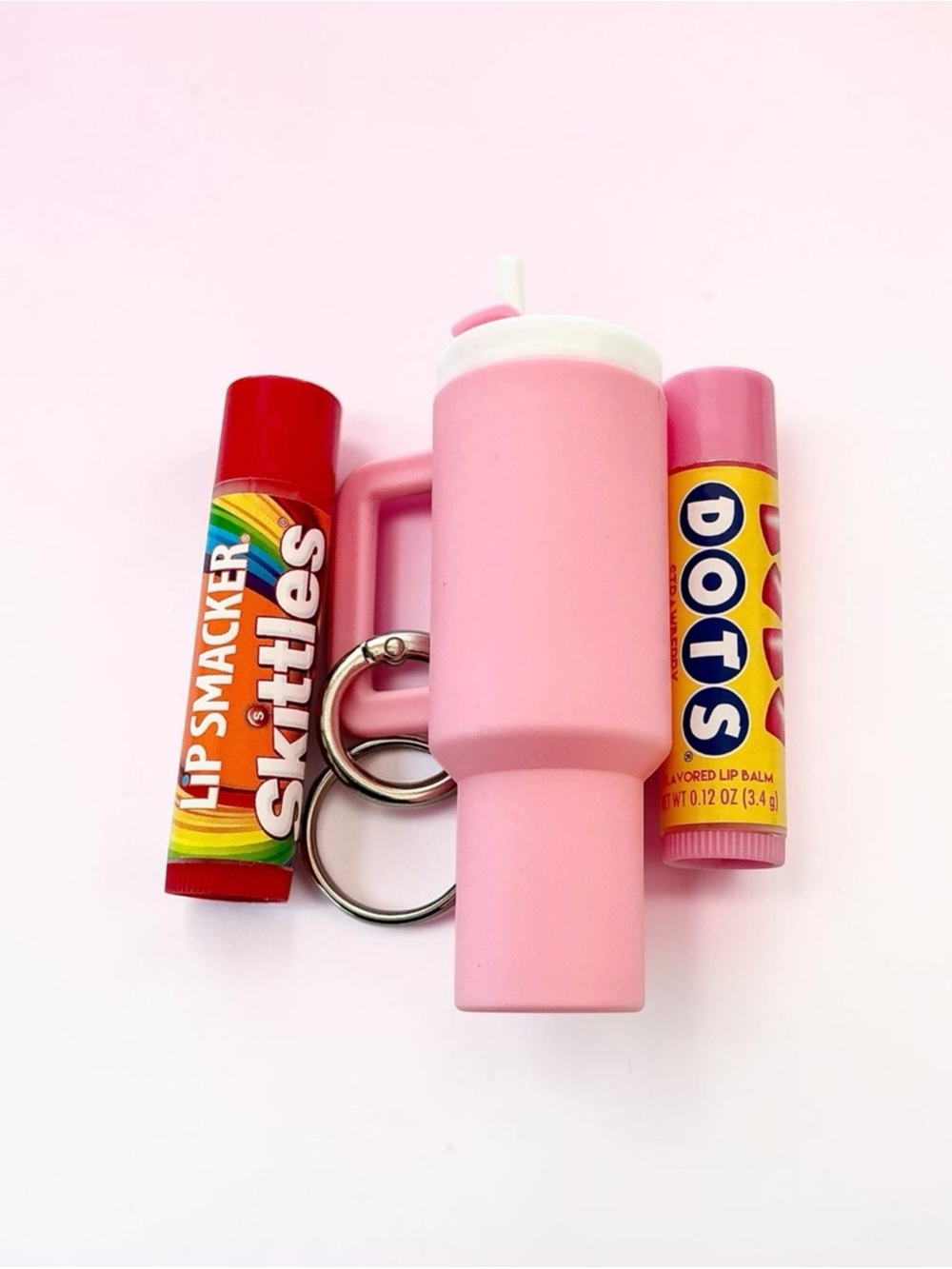🆕 3D Tumbler Keychain with Mango Tango Skittles and Strawberry Dots Lip Balm